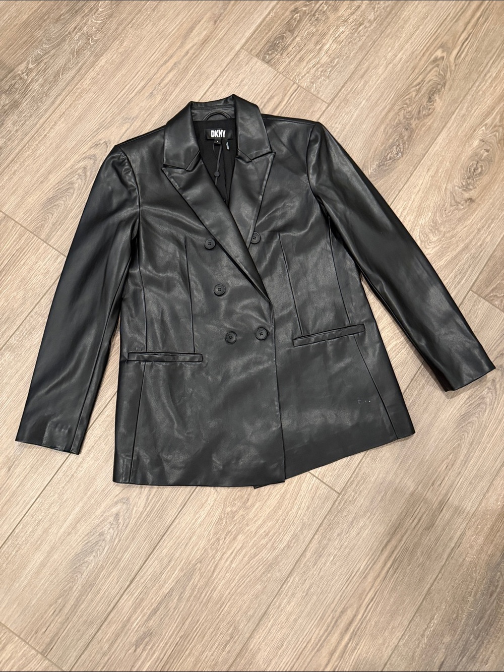 DKNY Black Double-Breasted Leather Blazer Jacket